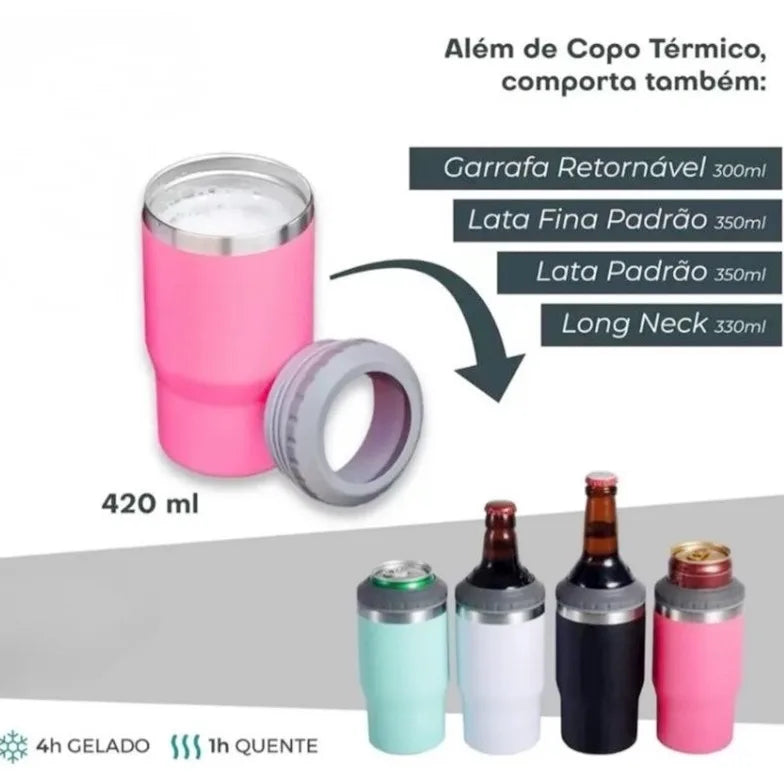 Copo Térmico 5x1 (Latinha / Barrigudinha  /Long Neck / Lata Alta 400 mL) Com abridor Porta Cerveja Garrafa Térmica