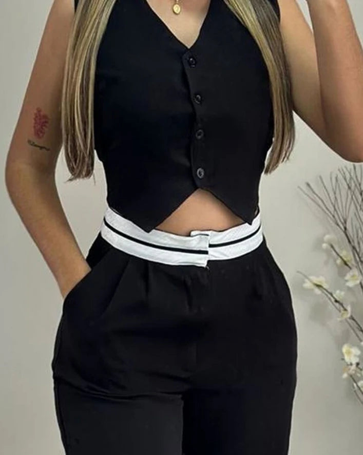 Conjunto Casual Elegante 2025 - Top com Botões e Calça com Bolsos