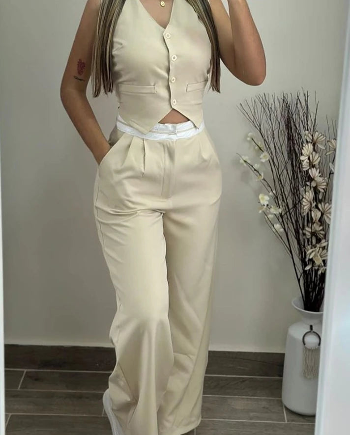 Conjunto Casual Elegante 2025 - Top com Botões e Calça com Bolsos