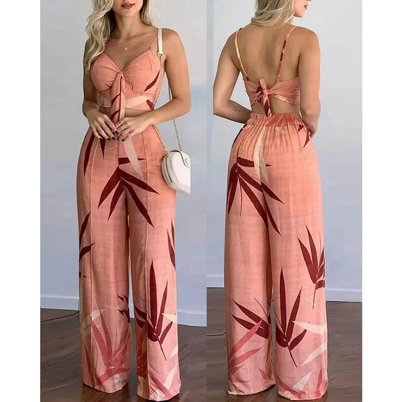 Conjunto Tropical Verão 2025 - Top com Alças Finas e Calça de Cintura Alta