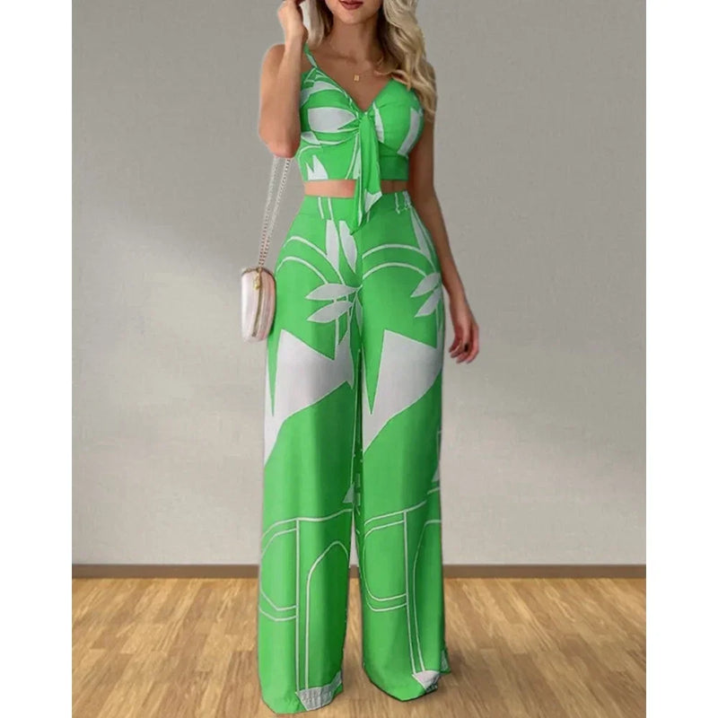 Conjunto Tropical Verão 2025 - Top com Alças Finas e Calça de Cintura Alta