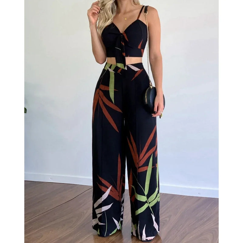 Conjunto Tropical Verão 2025 - Top com Alças Finas e Calça de Cintura Alta