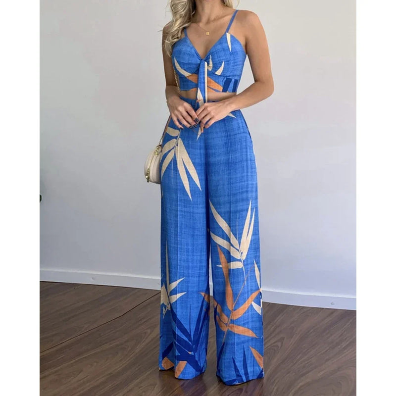 Conjunto Tropical Verão 2025 - Top com Alças Finas e Calça de Cintura Alta