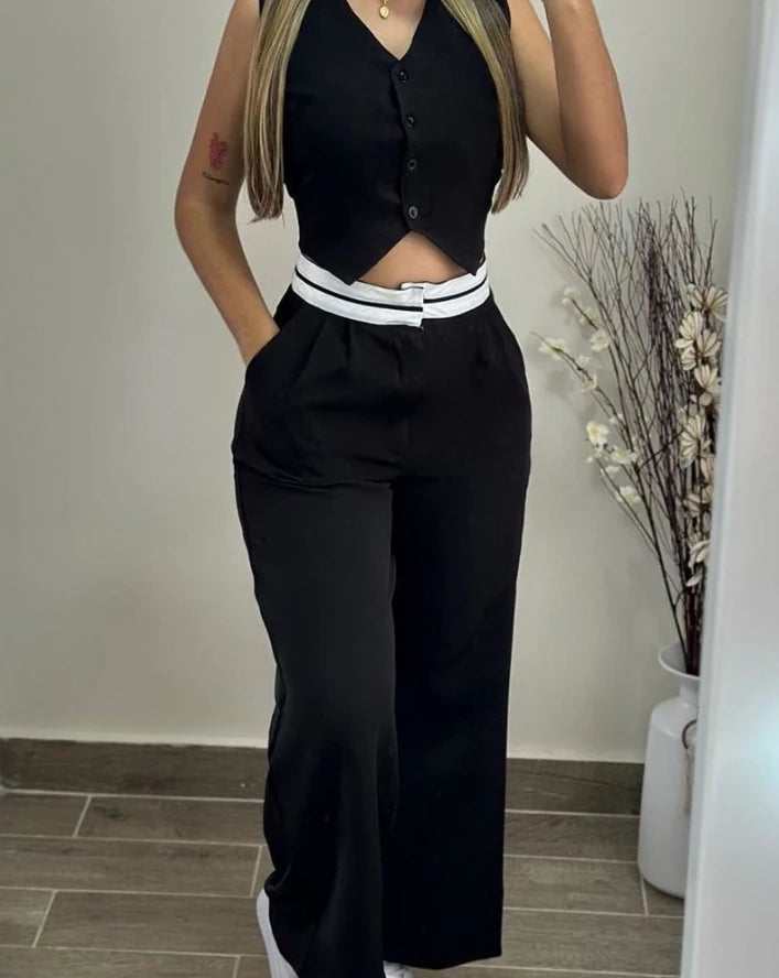 Conjunto Casual Elegante 2025 - Top com Botões e Calça com Bolsos