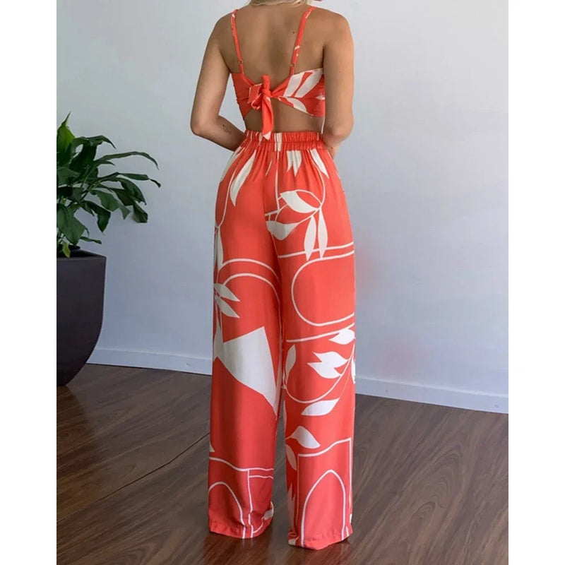 Conjunto Tropical Verão 2025 - Top com Alças Finas e Calça de Cintura Alta