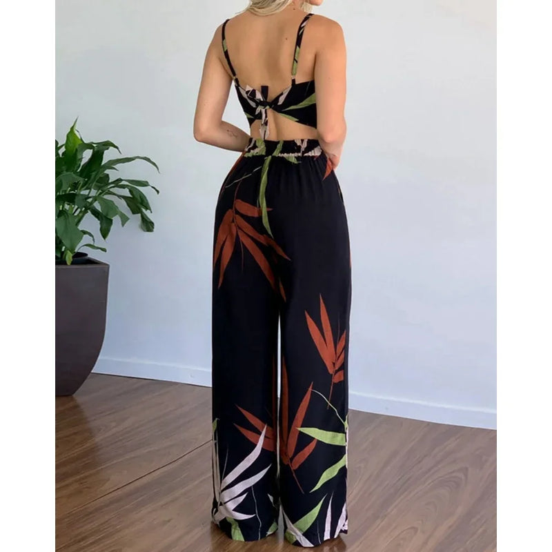 Conjunto Tropical Verão 2025 - Top com Alças Finas e Calça de Cintura Alta