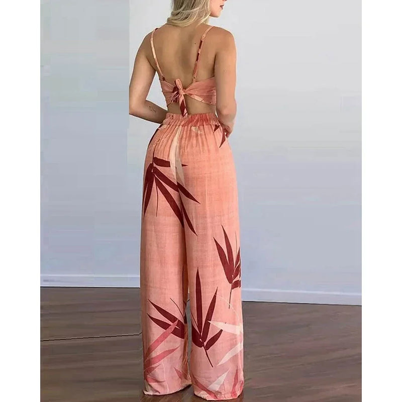 Conjunto Tropical Verão 2025 - Top com Alças Finas e Calça de Cintura Alta