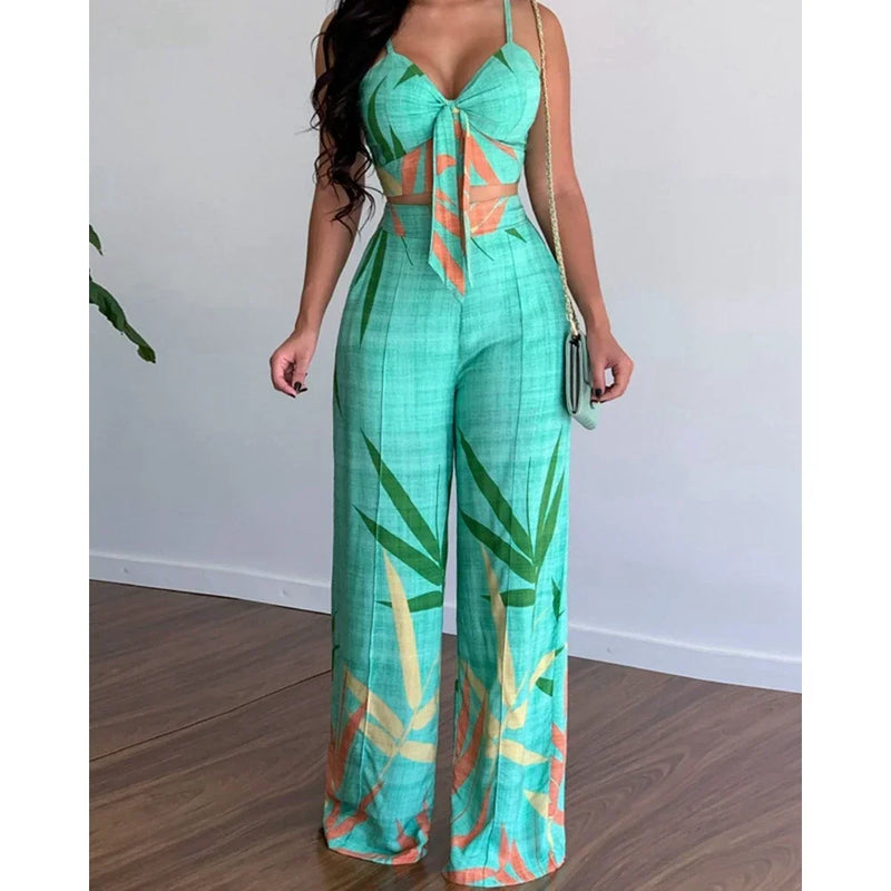 Conjunto Tropical Verão 2025 - Top com Alças Finas e Calça de Cintura Alta